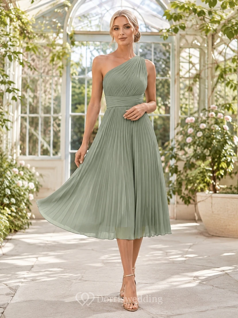 Sage Modern One-Shoulder Sleeveless Chiffon A-Line Tea-Length Formal Dress