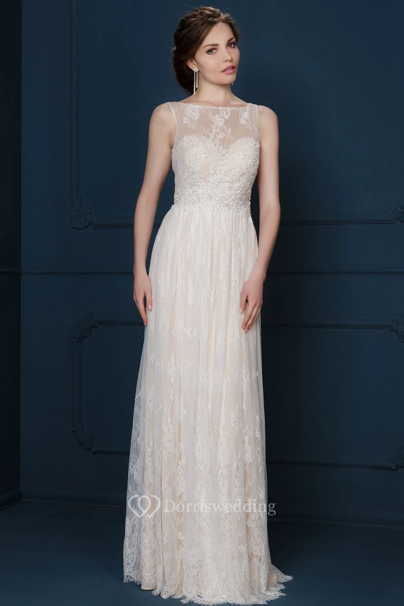 A-Line Maxi Appliqued Bateau-Neck Sleeveless Lace Evening Dress With Pleats