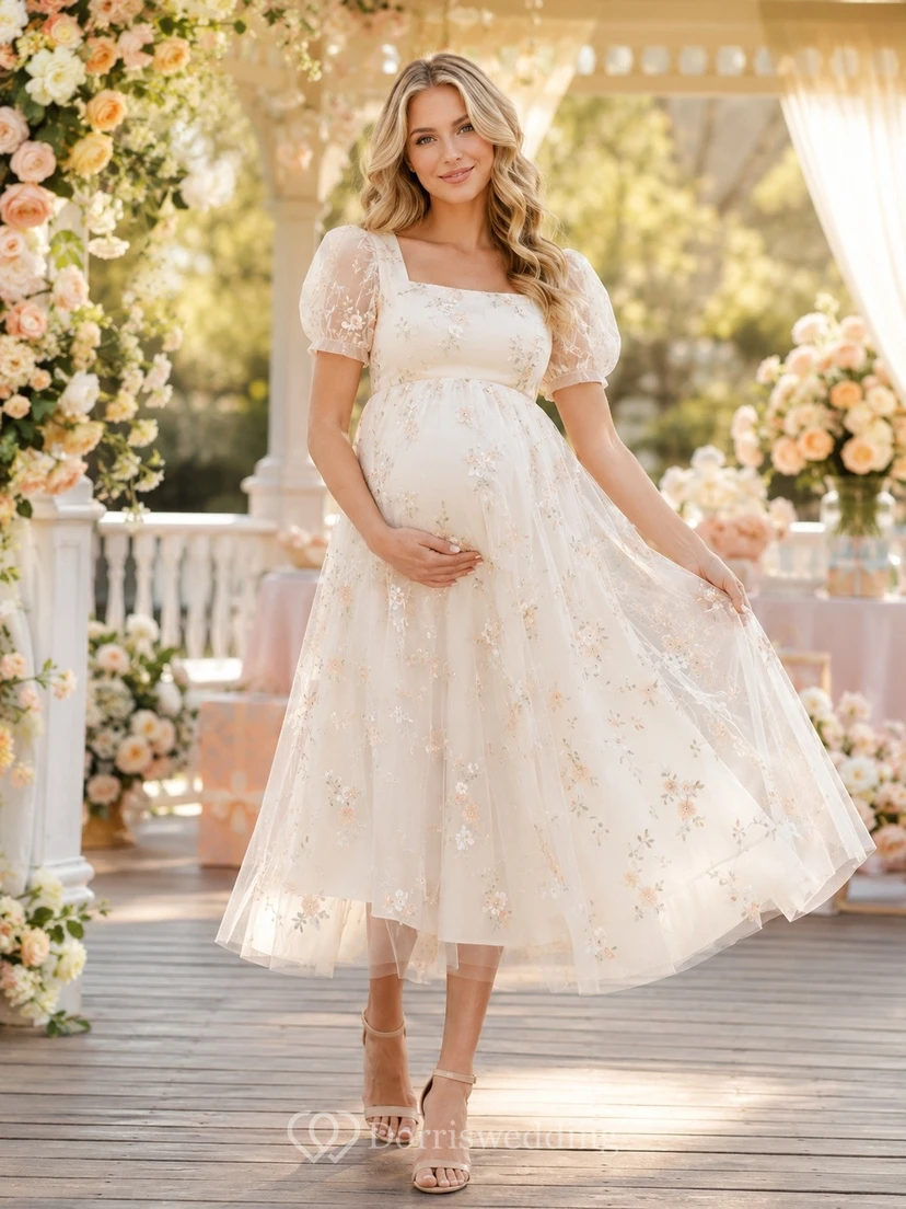 Umstandskleid mit Blumenmuster, Empire-Stil, Puffärmeln, romantischem Tüll, Teelänge