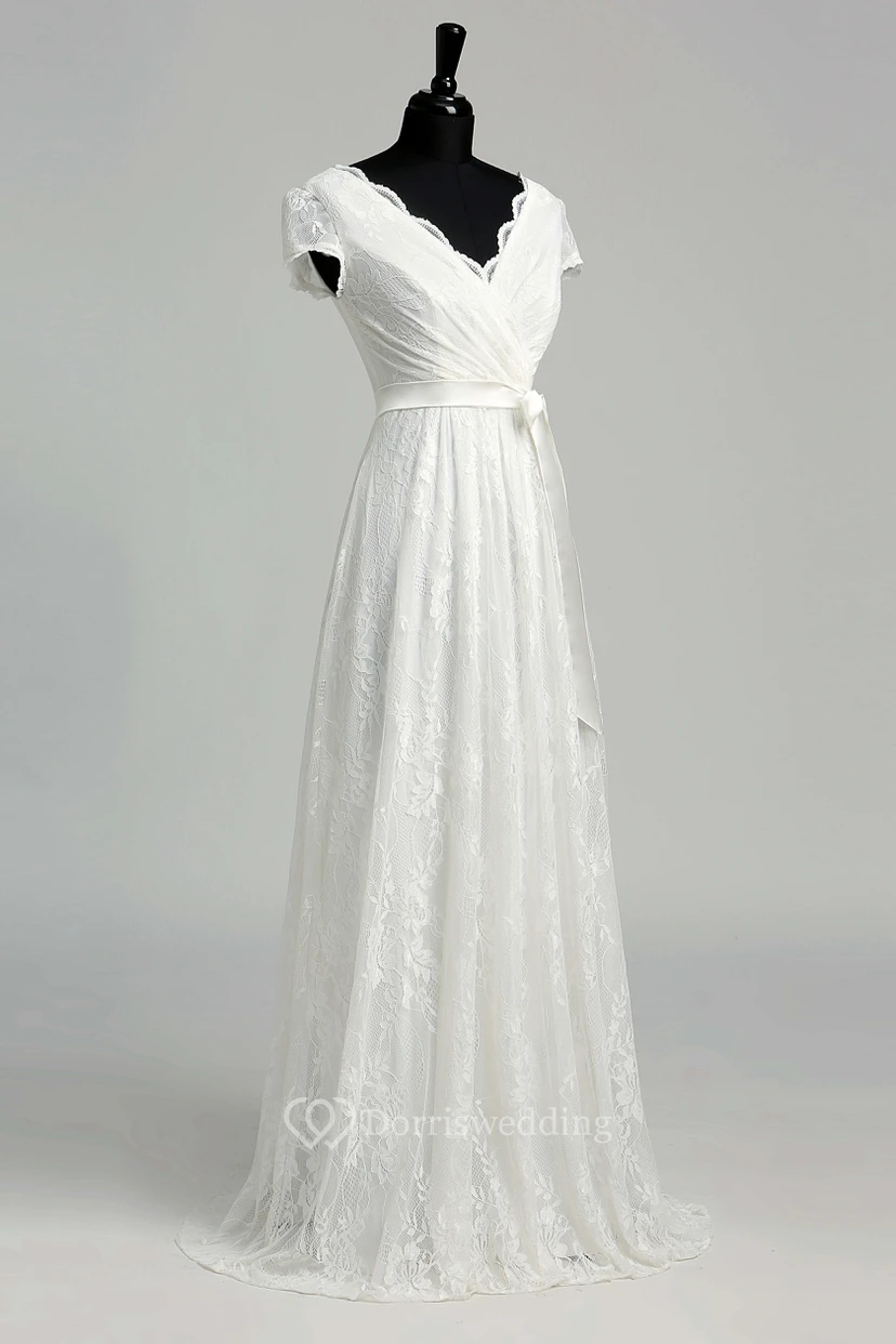 A Line Garden Cap Short Sleeve Wedding Dress view 6