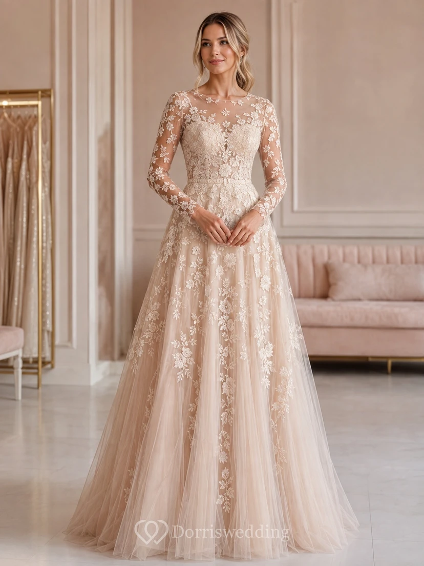 Champagne Long Illusion Sleeve Lace Tulle A-Line Floor-Length Luxury Formal Gown