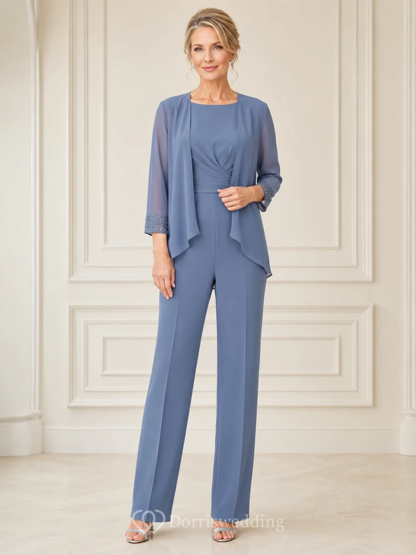 Mother Steel Blue Chiffon Pantsuit with Jewel Neck Jacket and Straight Leg Pants