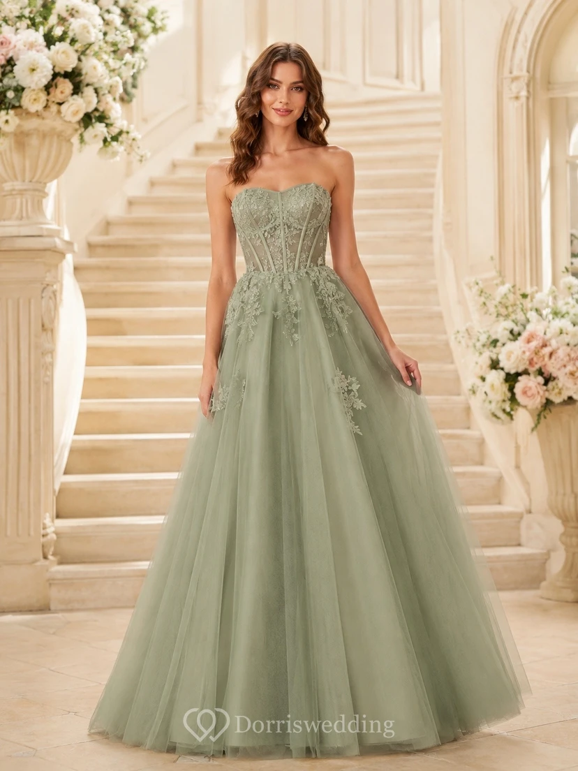 Sage Strapless Sweetheart Tulle A-Line Applique Floor-Length Formal Gown