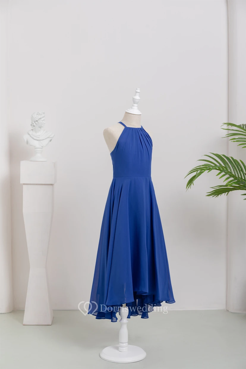 Chiffon Casual High-low Halter Royal Blue Flowergirl Dress view 4