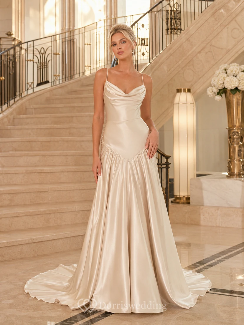 Brautkleid aus Satin mit Wasserfallausschnitt und tiefer Taille, bodenlang
