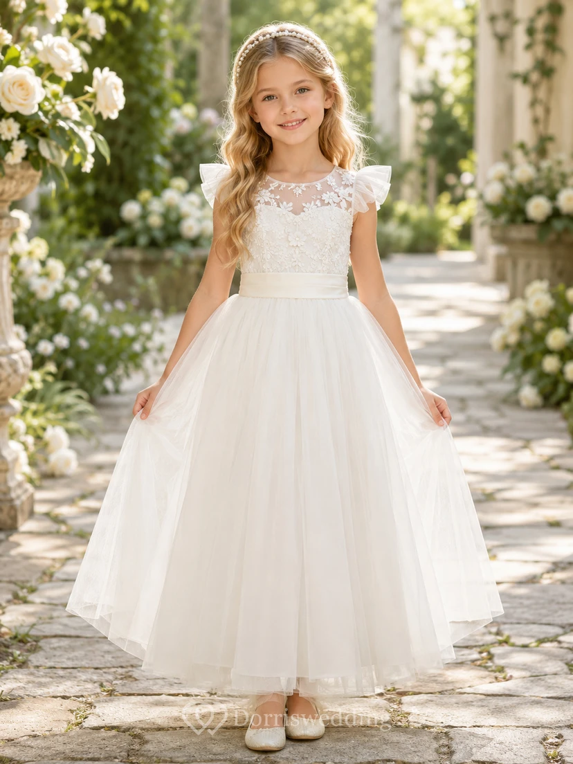 Robe de demoiselle d'honneur en dentelle champagne et tulle, coupe trapèze, manches courtes, col rond, longueur midi, nœud dans le dos