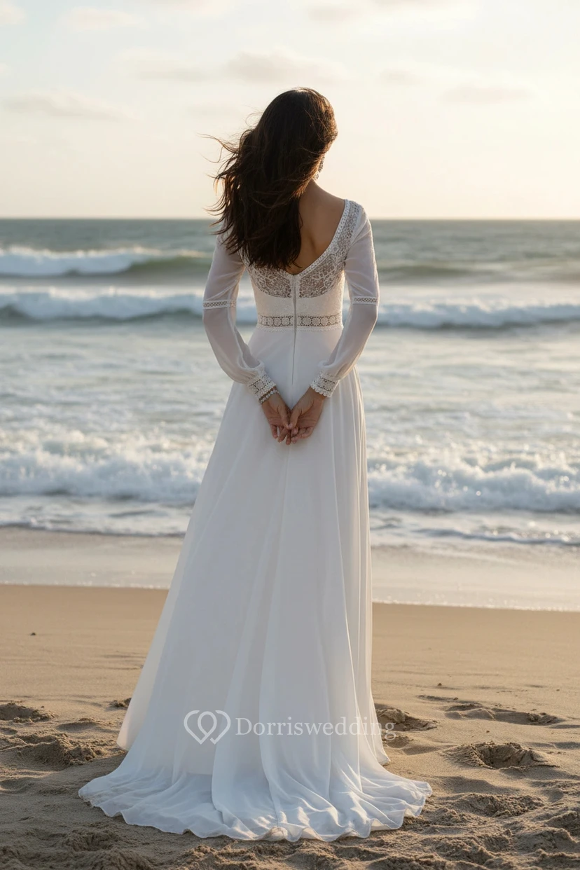 Boho V-Neck Long Sleeve Beach Wedding Dress with Lace view 2