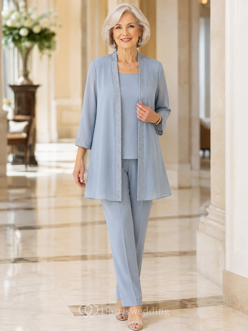 Elegante conjunto de tres piezas azul acero para mujer de talla pequeña, chaqueta larga, pantalón recto de manga tres cuartos y traje de pantalón.