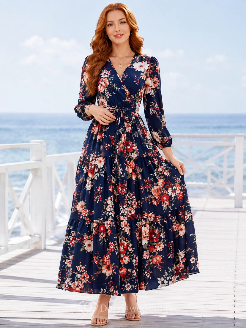 Marineblaues, geblümtes Wickelkleid mit V-Ausschnitt und langen Ärmeln, Midi-Länge, Gästekleid