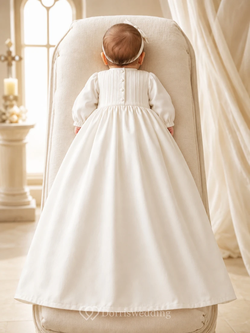 Minimalistisches, schlichtes Taufkleid für Babys und Kinder: A-Linie, bodenlang, mit Rundhalsausschnitt, langen Ärmeln, Satin, Knopfleiste am Rücken view 2