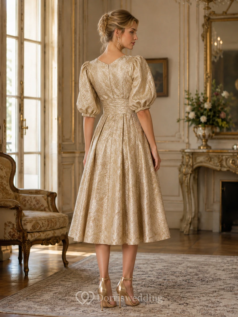 Robe de soirée élégante en brocart métallisé doré à col V et manches bouffantes view 2