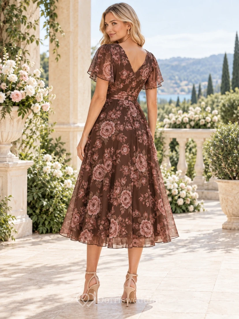 Chocolate Rose Print V-Neck Flutter Sleeve Tea-Length Chiffon Guest Dress view 2