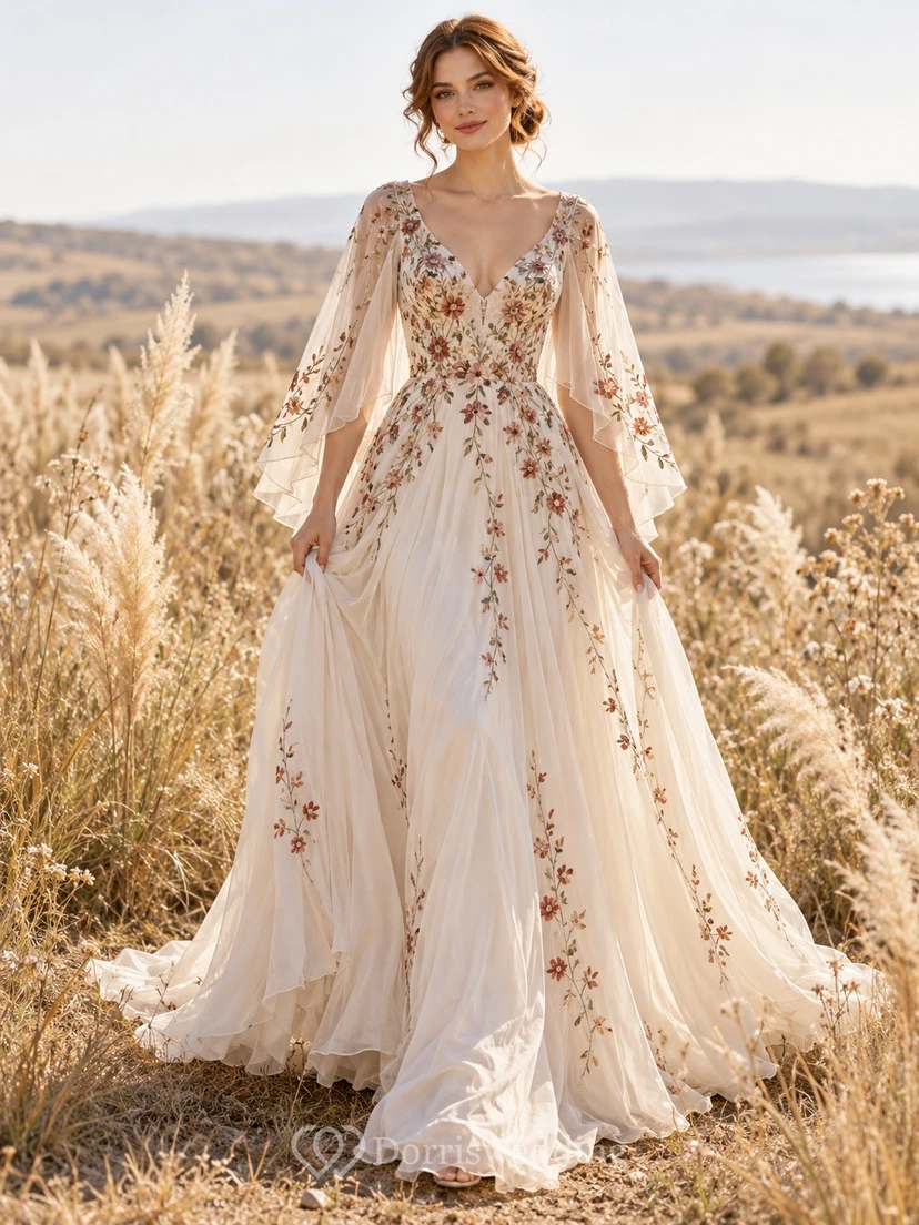 Boho V-neck Warm Floral Embroidered Bell Sleeve A-line Wedding Dress