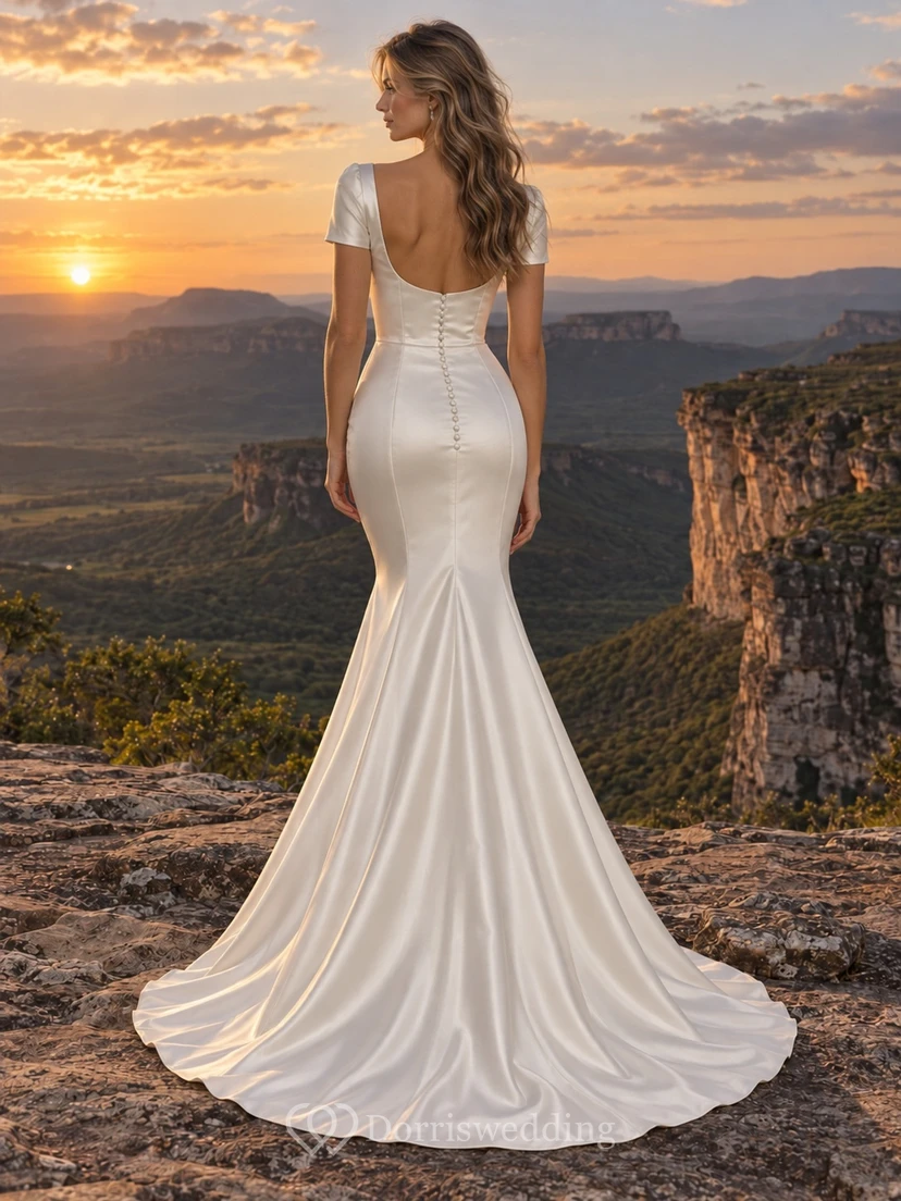 Mermaid Scoop Neck Short-sleeve Charmeuse Wedding Dress with Simple Bodice and Sweep Train view 2