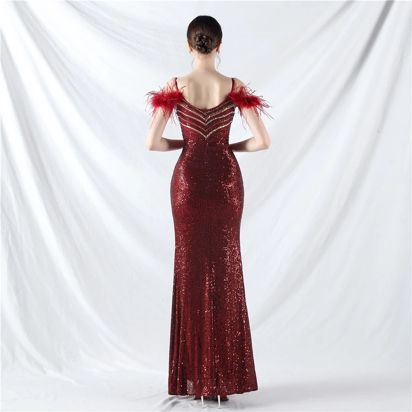 Elegantes Abendkleid mit Straußenfedern und Perlen, sexy, lang, mit Trägern und Schlitz view 45