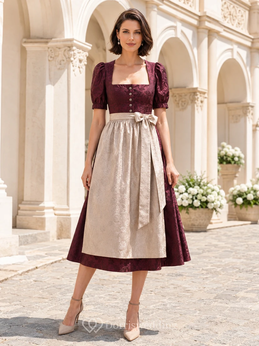Vestido tradicional de jacquard burdeos de lujo, largo hasta la rodilla, con delantal de manga cuadrada abullonada.