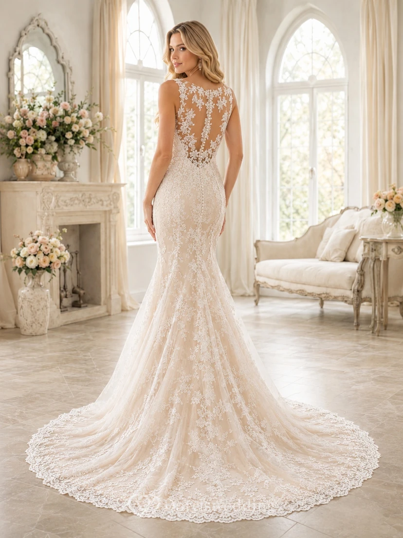 Champagne Lace Mermaid Bridal Dress V-neck Sleeveless Sweep Train Romantic view 2