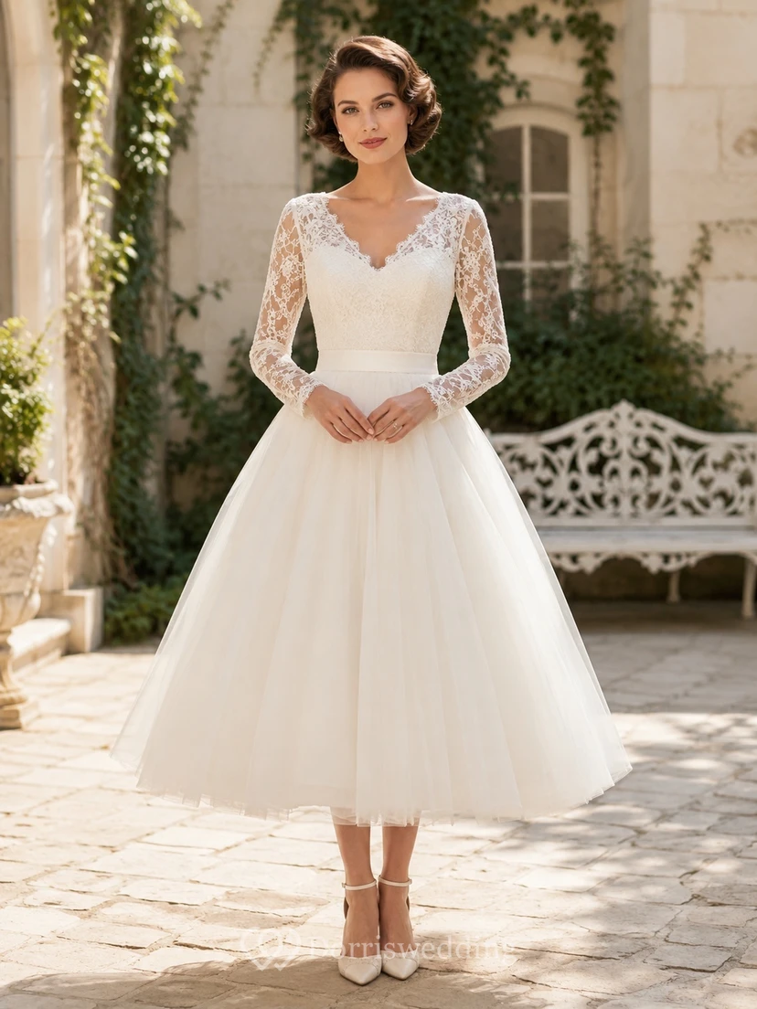 Vintage Teelänge Brautkleid mit V-Ausschnitt, langen Ärmeln und Unterrock aus Spitze und Tüll