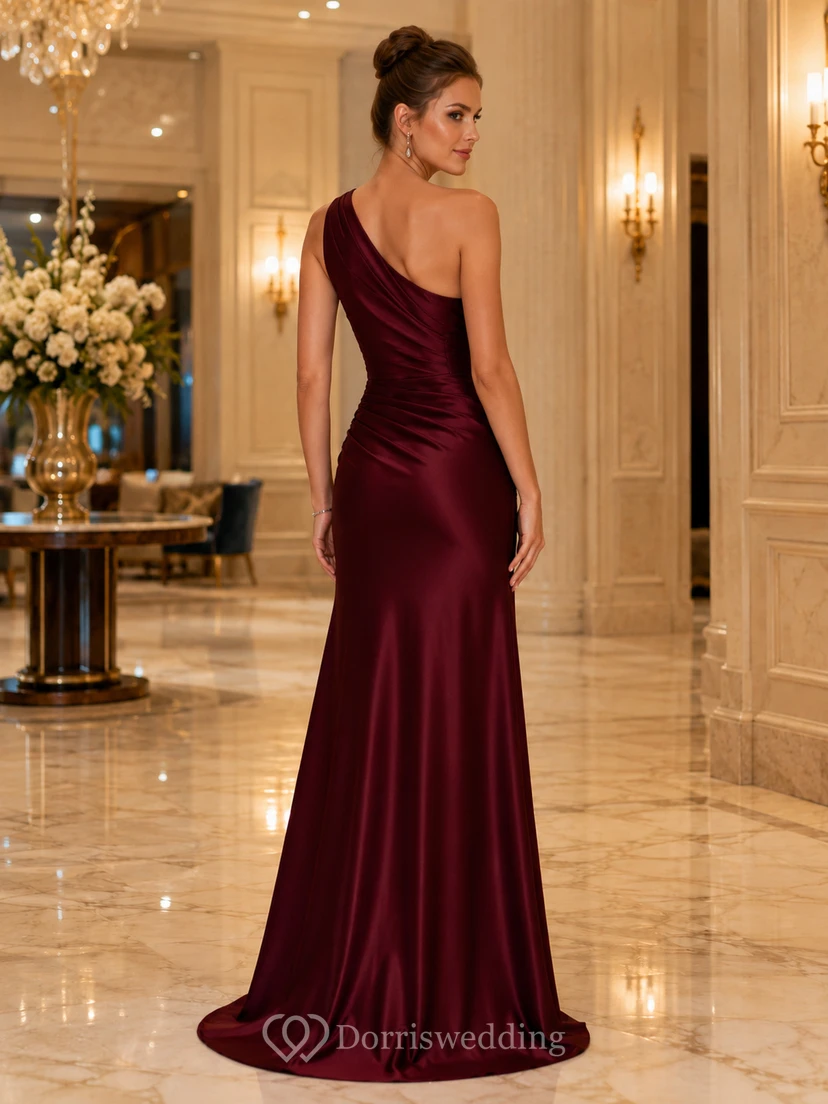 Modern Burgundy Satin Graduation Sheath Floor Length One Shoulder Ruched Split Gown view 2