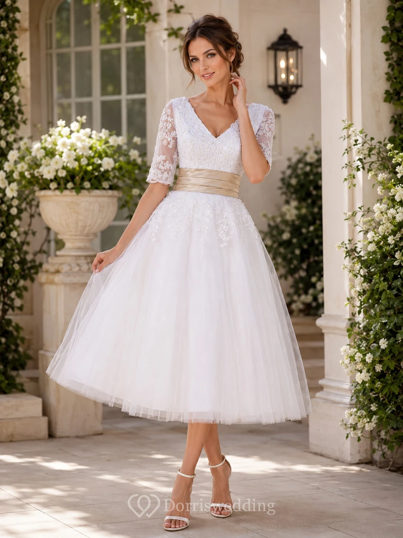 Robe mi-longue à manches courtes et col en V avec superposition de tulle