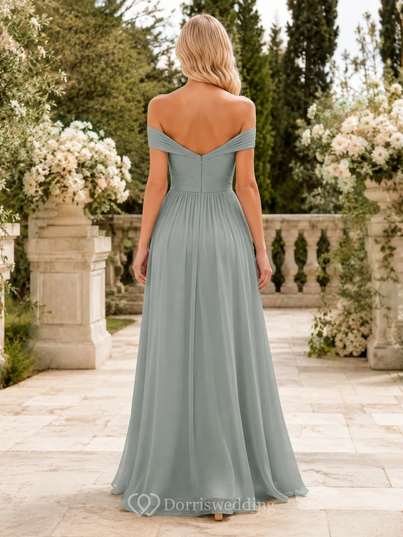 Celadon Harmony A-Line Floor-Length Off-Shoulder Short-Sleeve Chiffon Romantic Bridesmaid Dress view 2