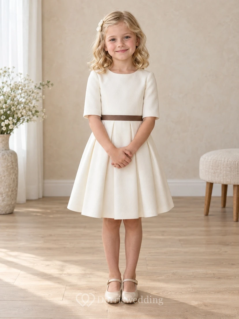 Simple Modest Cream Knee Length Elbow Sleeve Slim Brown Waist Pleated Flower Girl Dress
