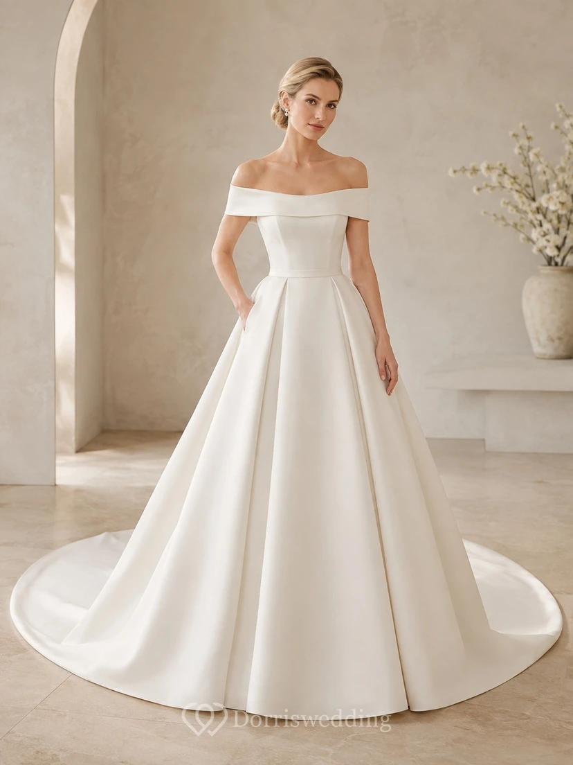 Off shoulder A-line Sweep Train Bridal Ceremony Wedding Dress Formal