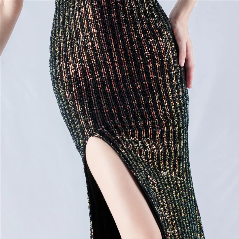 Heavy Beaded One-Shoulder Oblique Collar High Fork Sequin Dinner Dress view 9