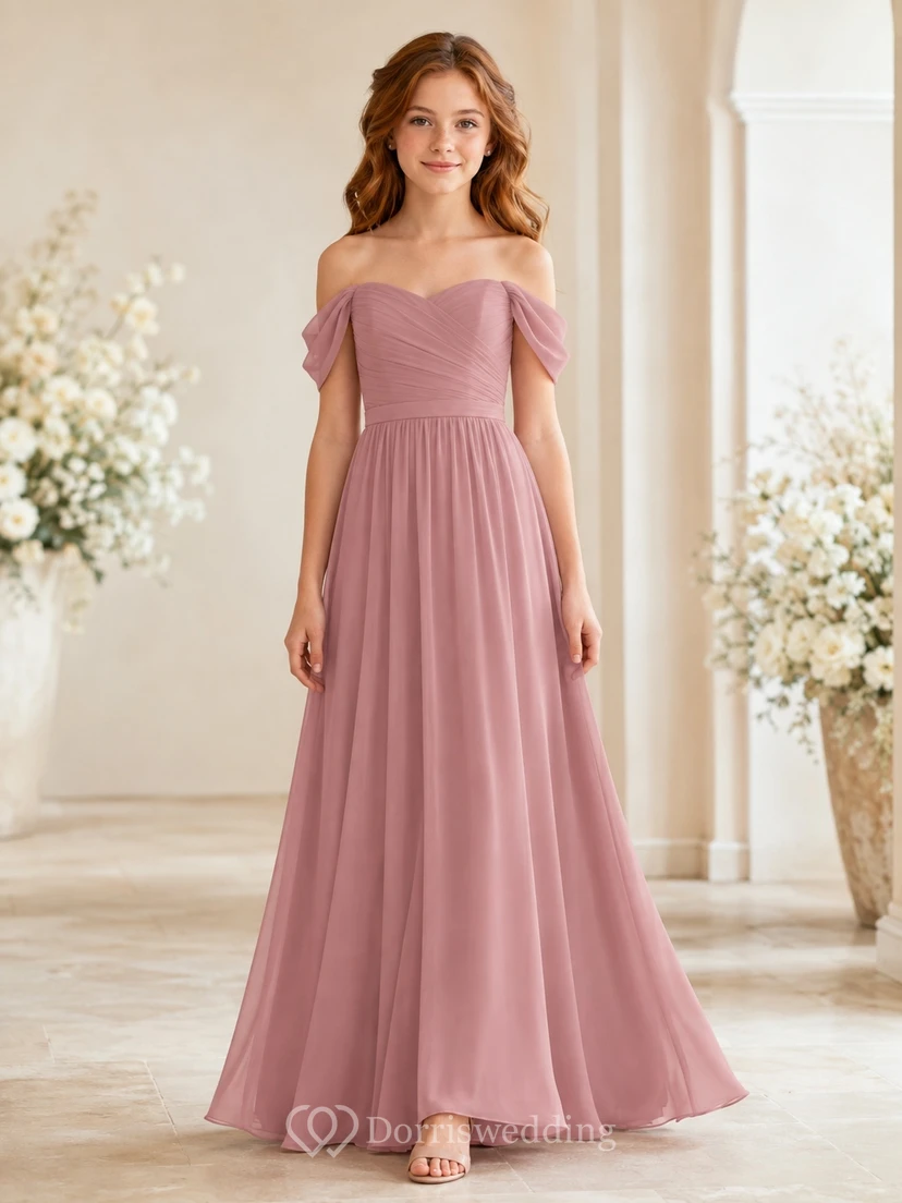Vestido de dama de honor juvenil color rosa empolvado, corte en A, hombros descubiertos, manga corta, fruncido de pétalos, estilo romántico.