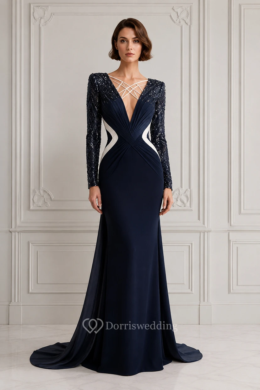 Robe de soirée sirène bleu marine foncé à manches longues, décolleté en V profond et manches à sequins