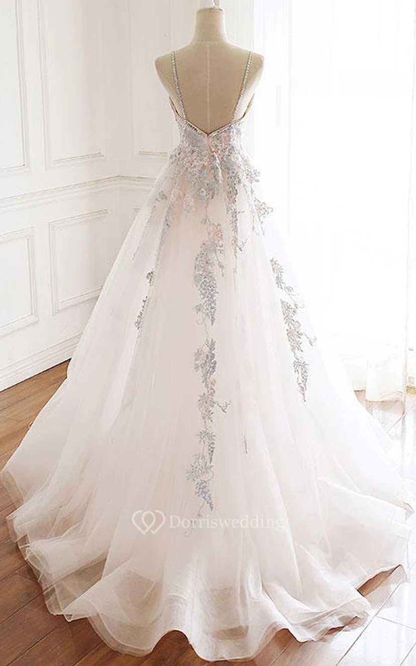 Simple A Line Tulle Floor-length Sleeveless Zipper Evening Dress with Appliques view 4