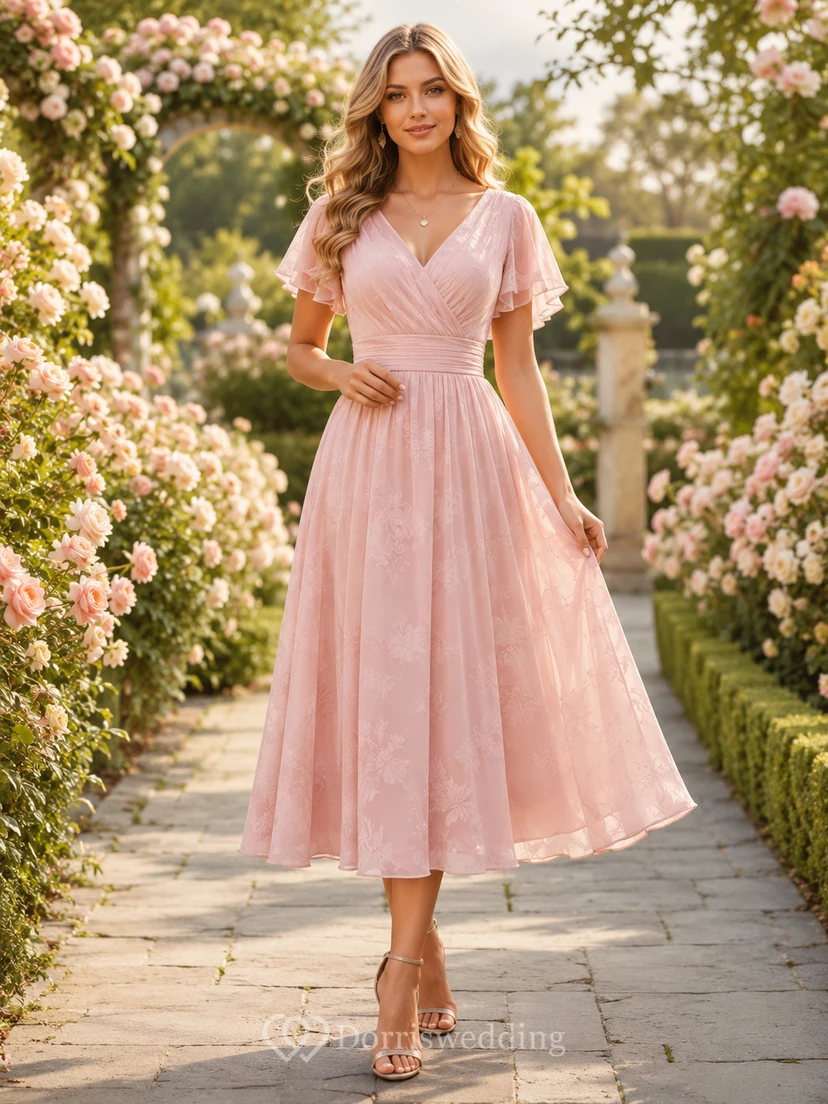 Blush Romantic Garden Wedding Guest Dress A-Line Tulle Chiffon V-Neck Short Sleeve Tea-Length Ruched