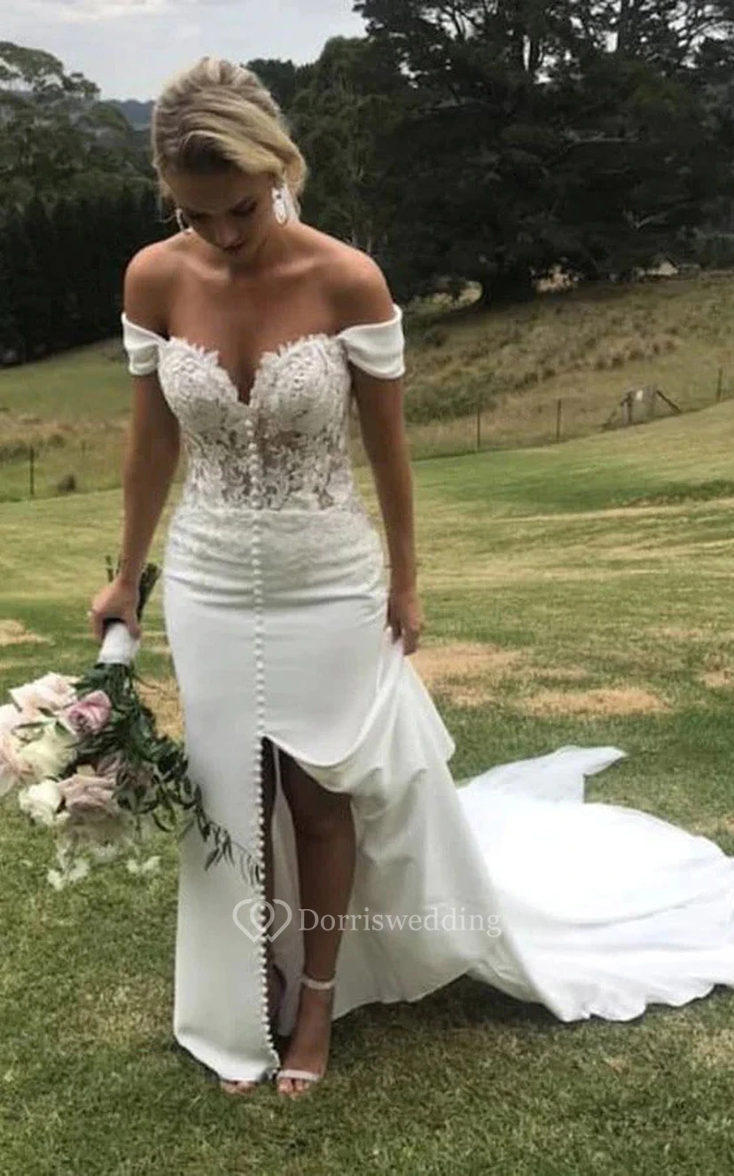 Off-the-shoulder Sheath Front Split Applique Beach Wedding Dress with Sweep Train view 3