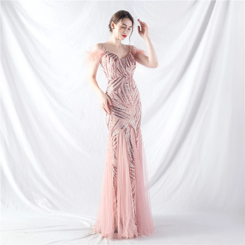 Crafted Ostrich Feather Stacked Sequins Splicing Mesh Gauze High-End Evening Dress Clothes view 33