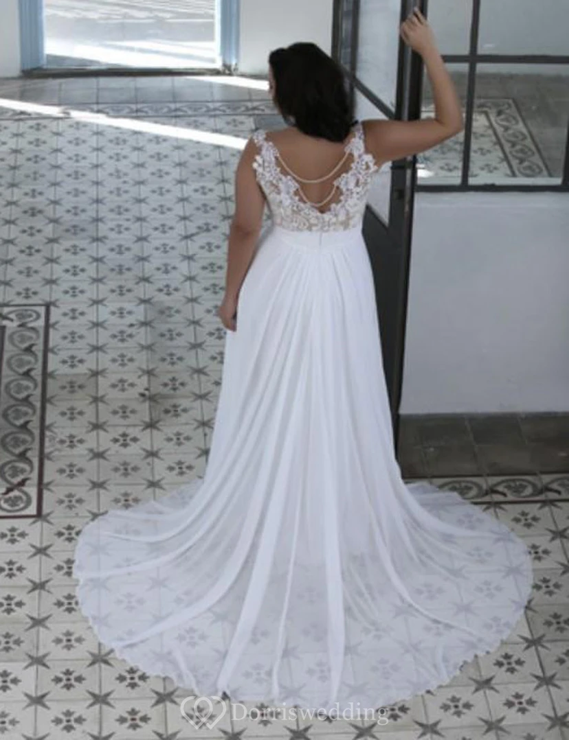 Vestido de novia de talla grande de alta calidad con escote barco transparente y top de encaje, corte en A y escote corazón. view 2