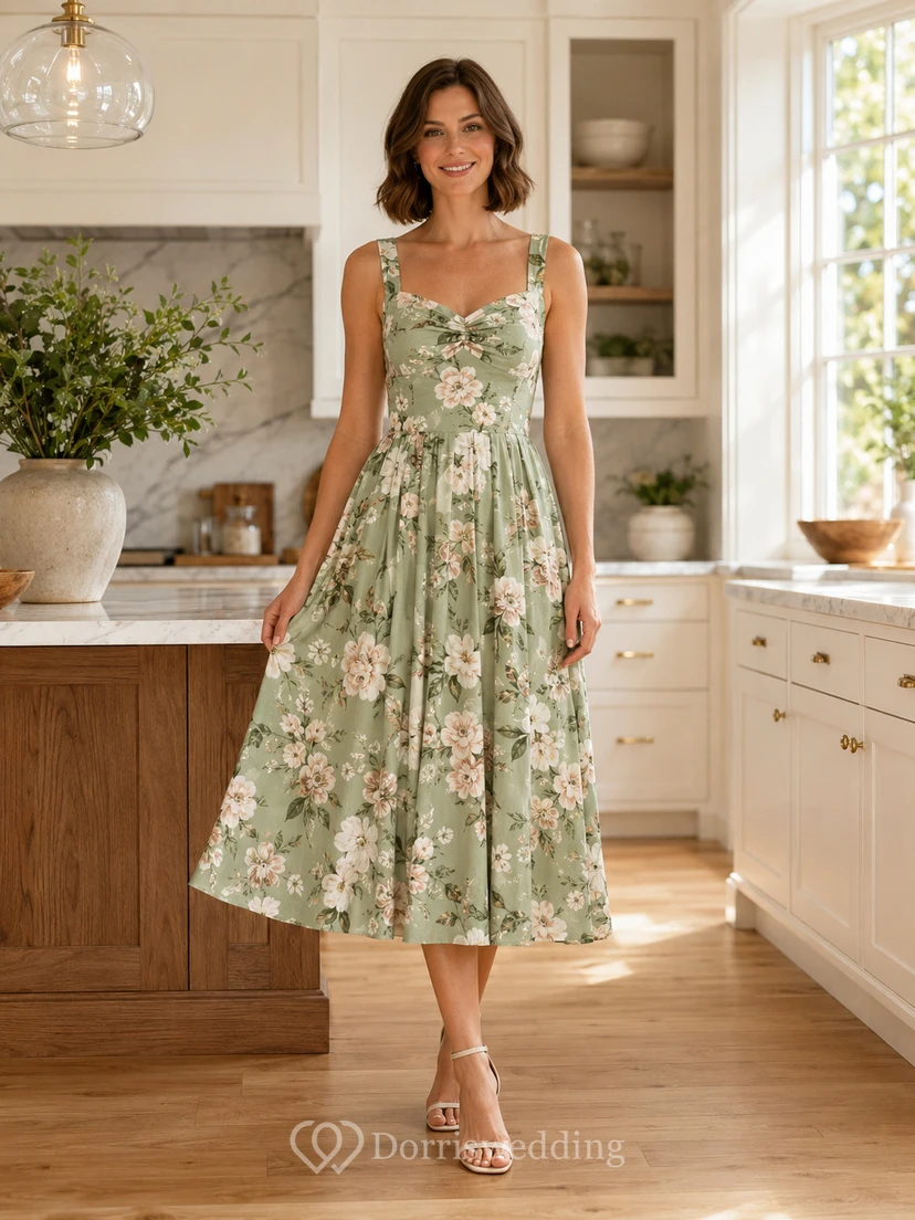 Sage Floral Square Strap A Line Warm Home Midi Dress