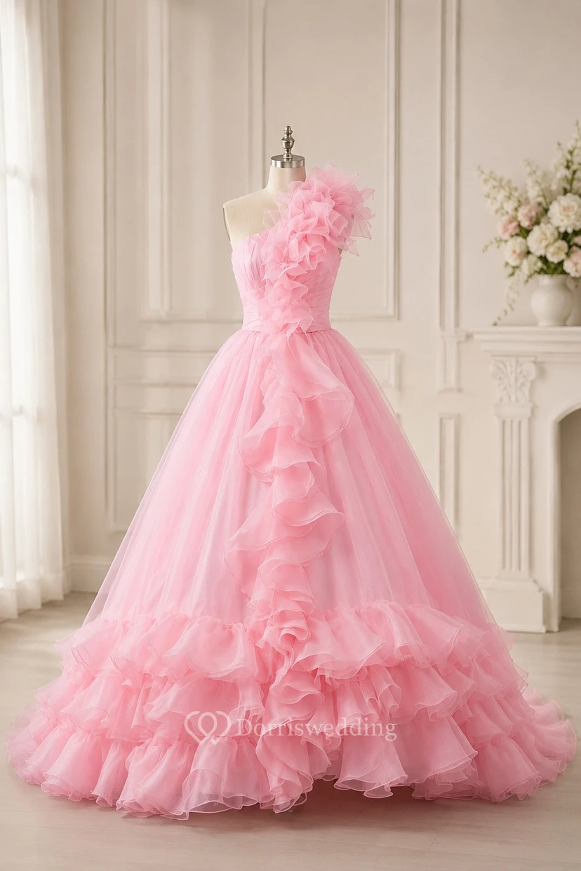 One-Shoulder A-Line Ruffled Draping and Dress With Tiers view 2