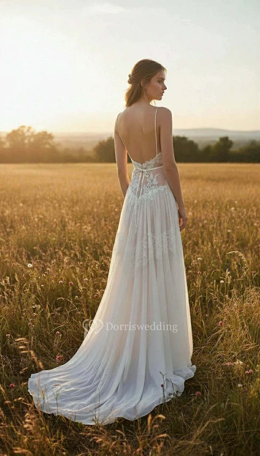 Boho Spaghetti Ethereal Sheer Lace Wedding Dress view 2