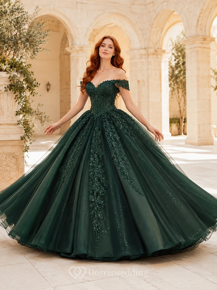 Vestido de quinceañera largo hasta el suelo, de tul, encaje floral, encaje y hombros descubiertos, color verde oscuro.