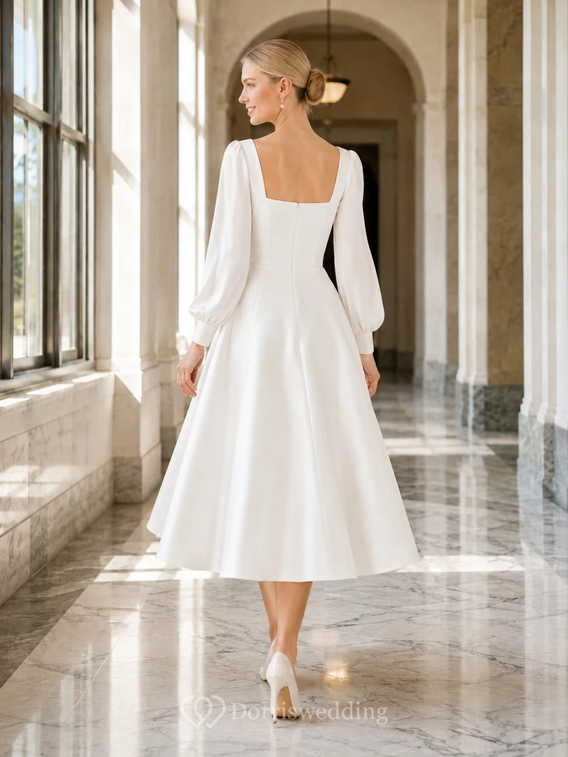 Robe de mariée moderne en satin, coupe trapèze, manches longues, col carré et manches bouffantes, longueur thé, idéale pour une cérémonie civile. view 2