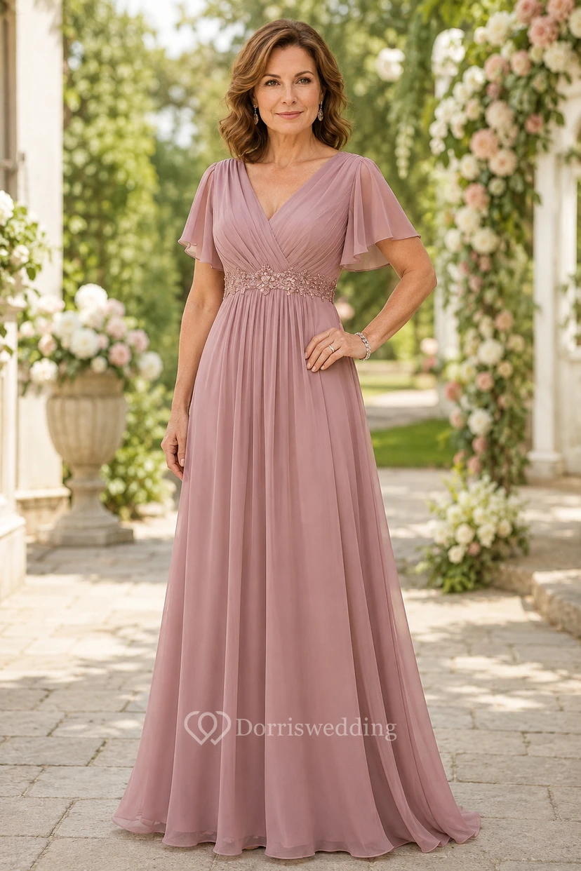 Mutterkleid aus Chiffon in A-Linie, Empire-Taille, V-Ausschnitt, Altrosa, mit flatternden Ärmeln