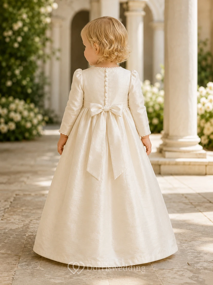 Pleated Dupioni Silk Baby Baptism A-Line Long Sleeve Gown Simple Elegant Adorable Jewel Floor-length view 2