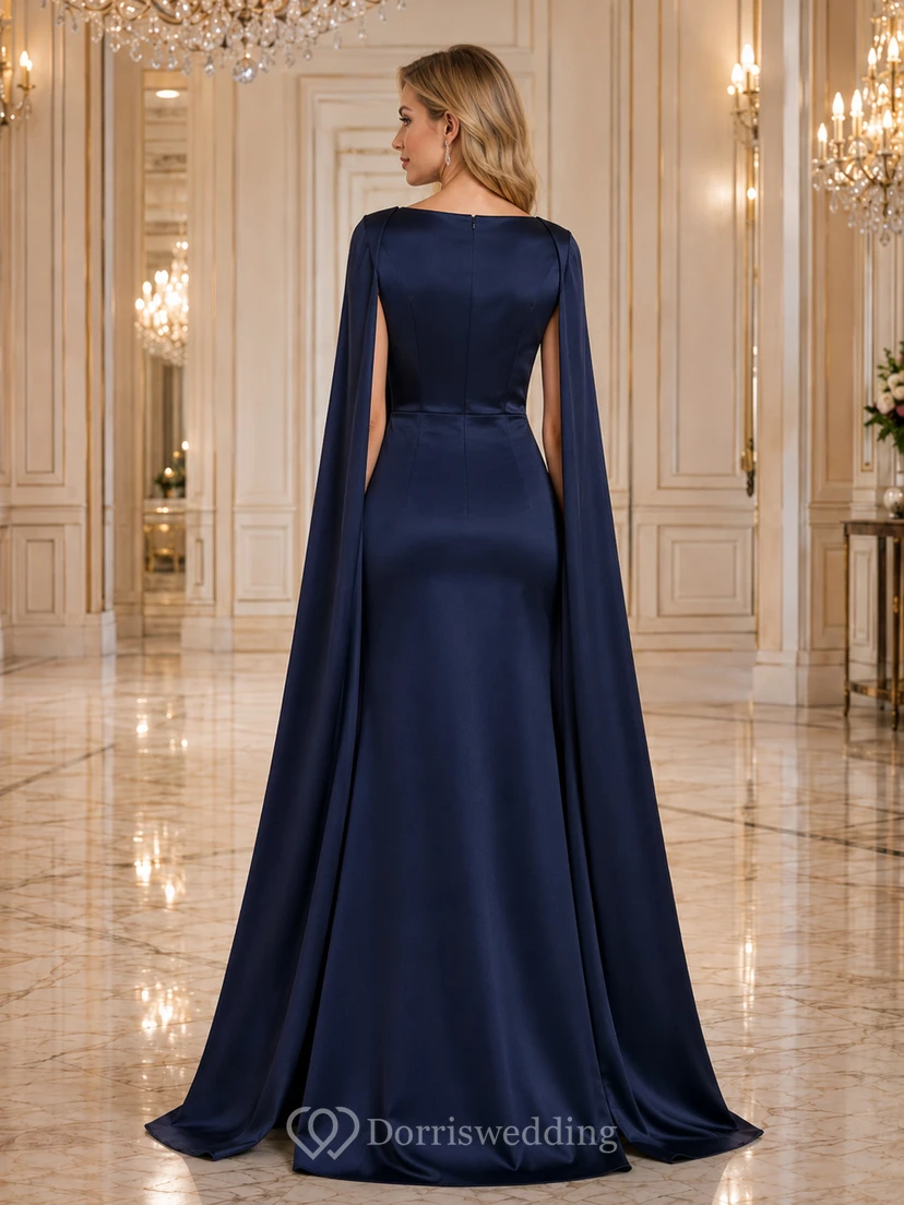 Dark Navy Cape Sleeve Satin Floor Length Evening Gown view 2