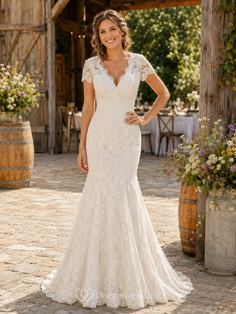 V Neck Short Sleeve Lace Mermaid Country Bridal Gown
