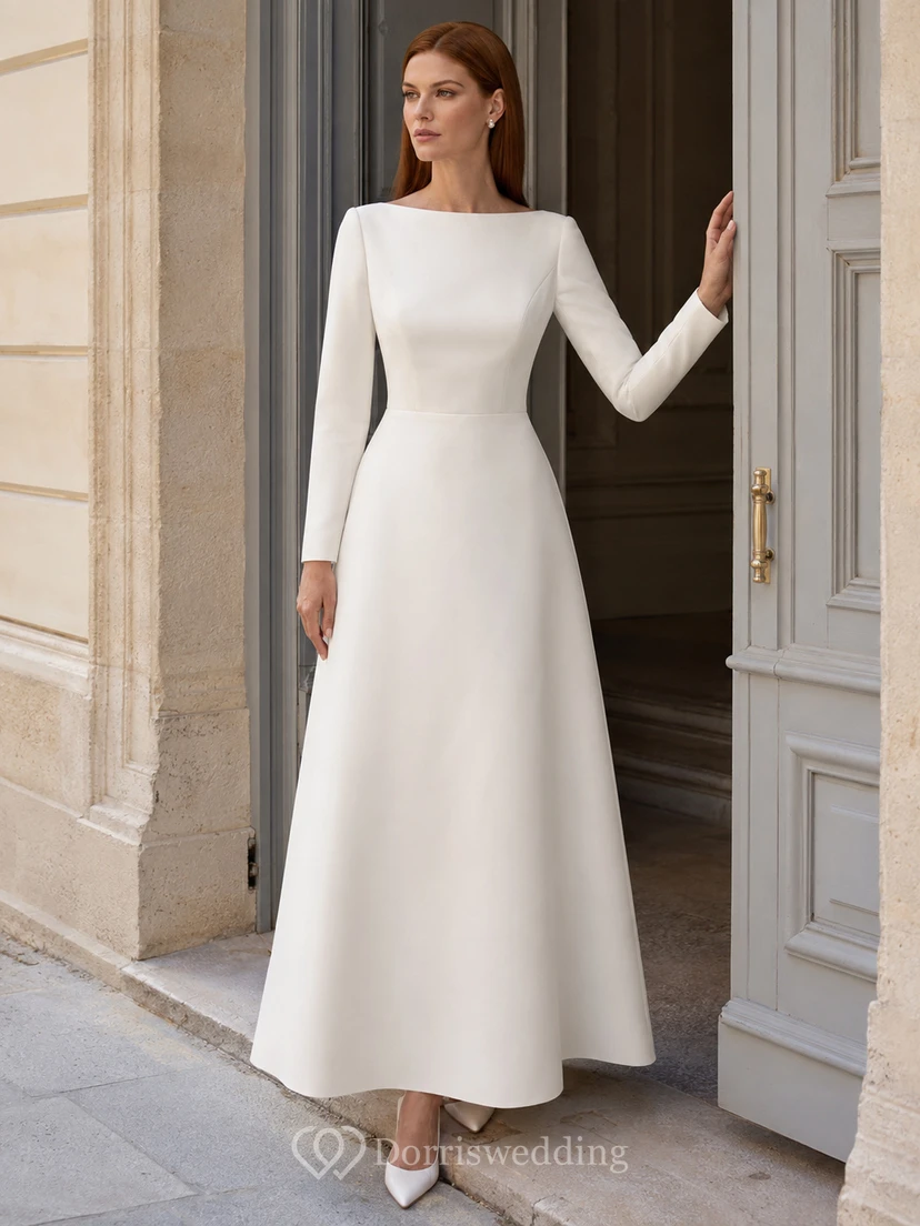 Robe de mariée civile minimaliste en satin, coupe trapèze, manches longues, style bateau, longueur cheville