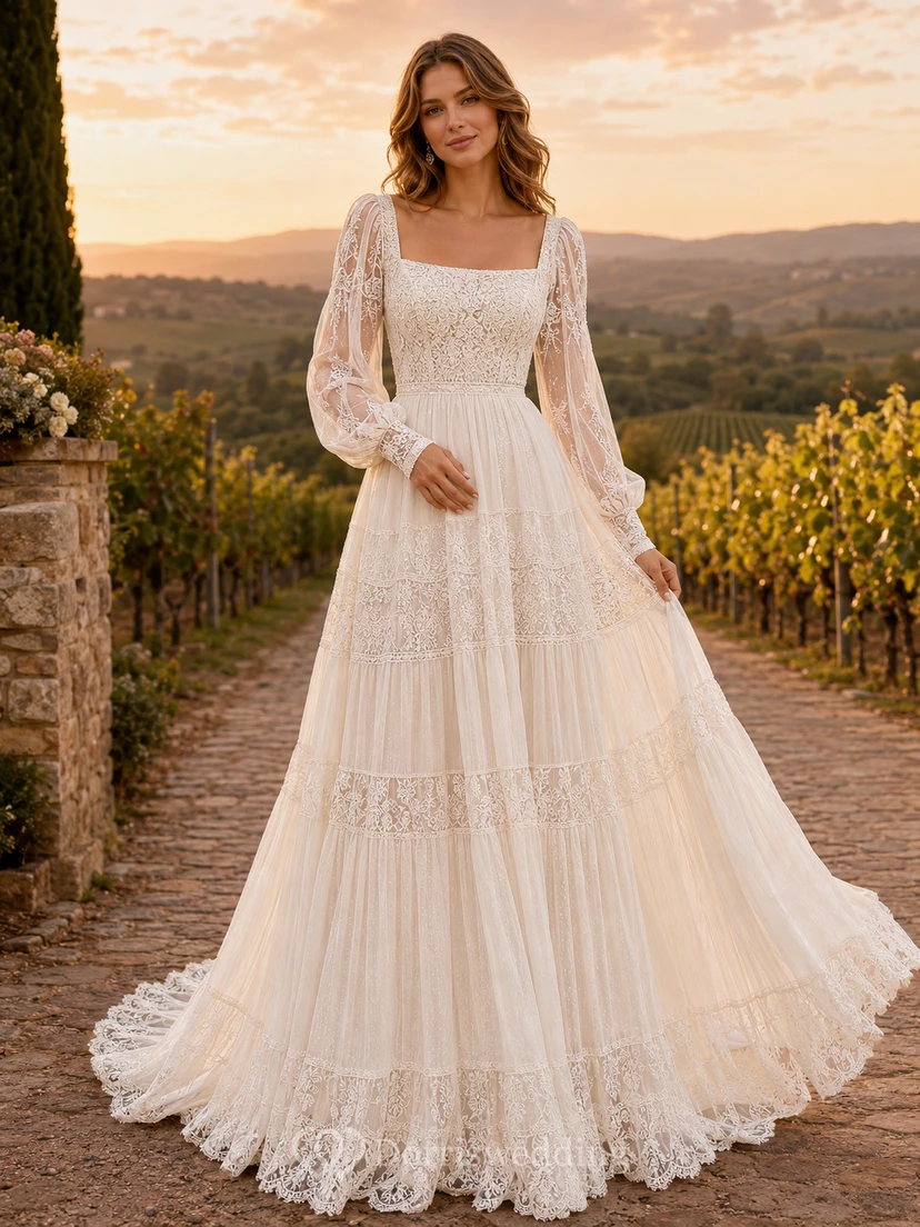 Bohemian Square Neck Long Puff Sleeve Tiered Lace Tulle A-Line Sweep Train Wedding Dress