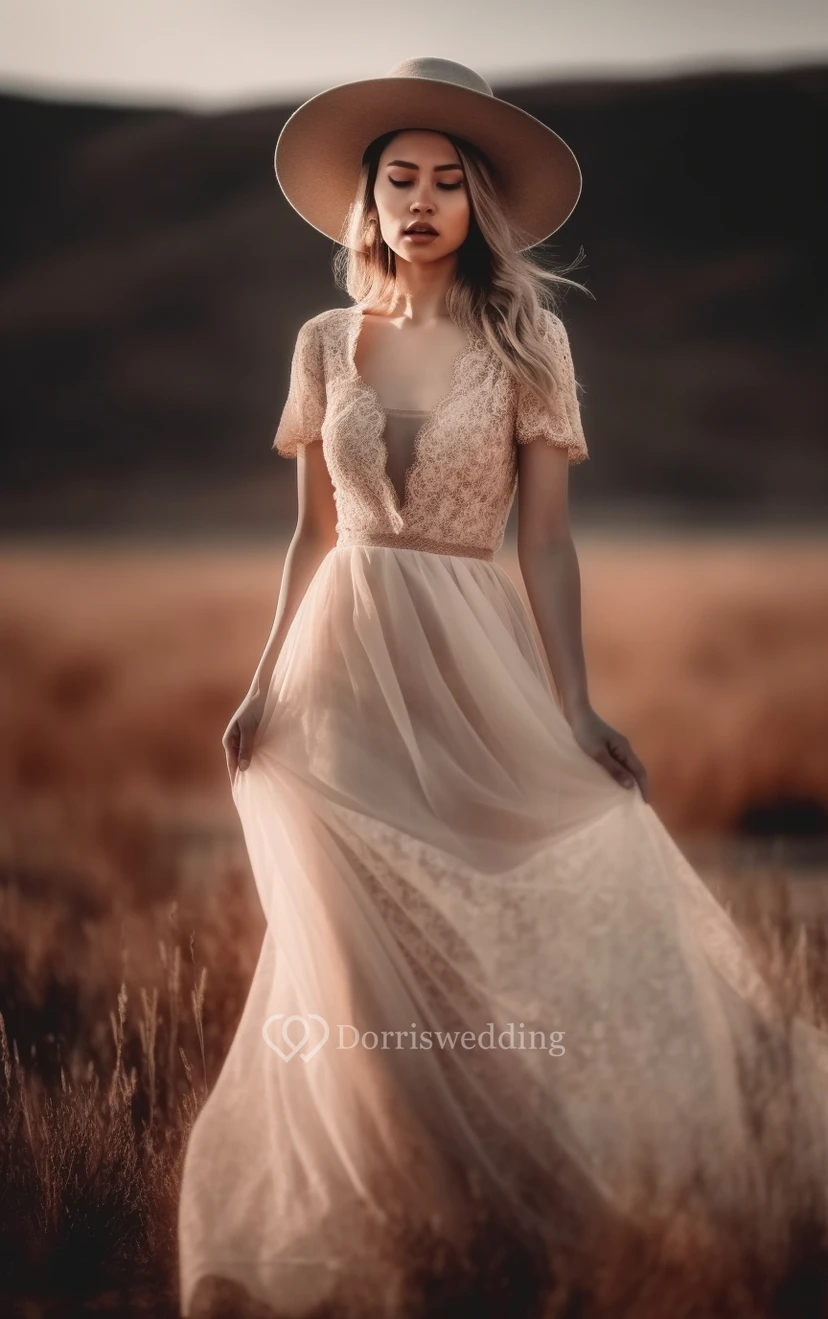 Spitzen-Hochzeitskleid im Landhausstil mit V-Ausschnitt, kurzen Ärmeln und fließendem Tüll im Boho-Stil