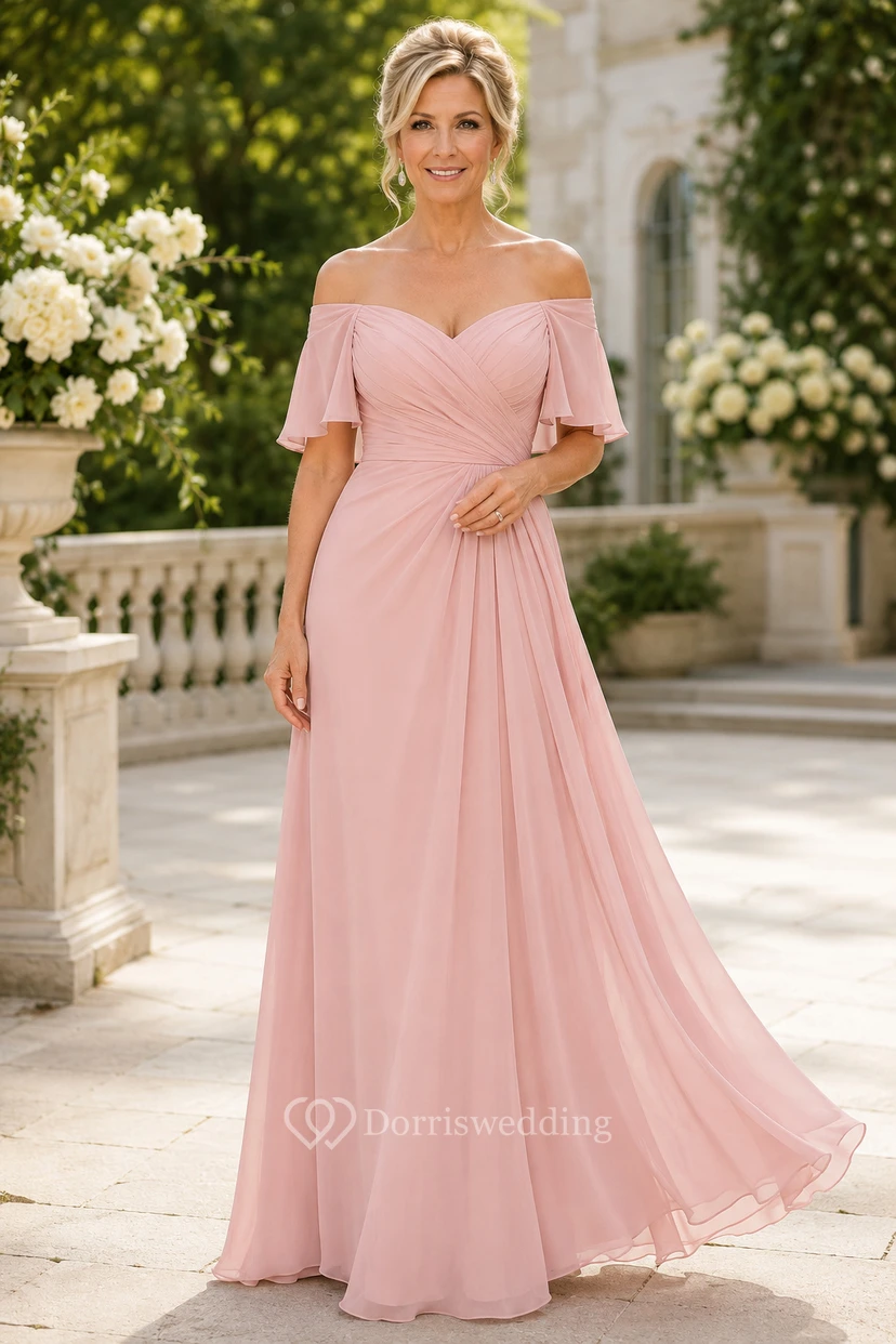 Zartrosa schulterfreies Chiffon-Kleid in A-Linie mit flatternden Ärmeln