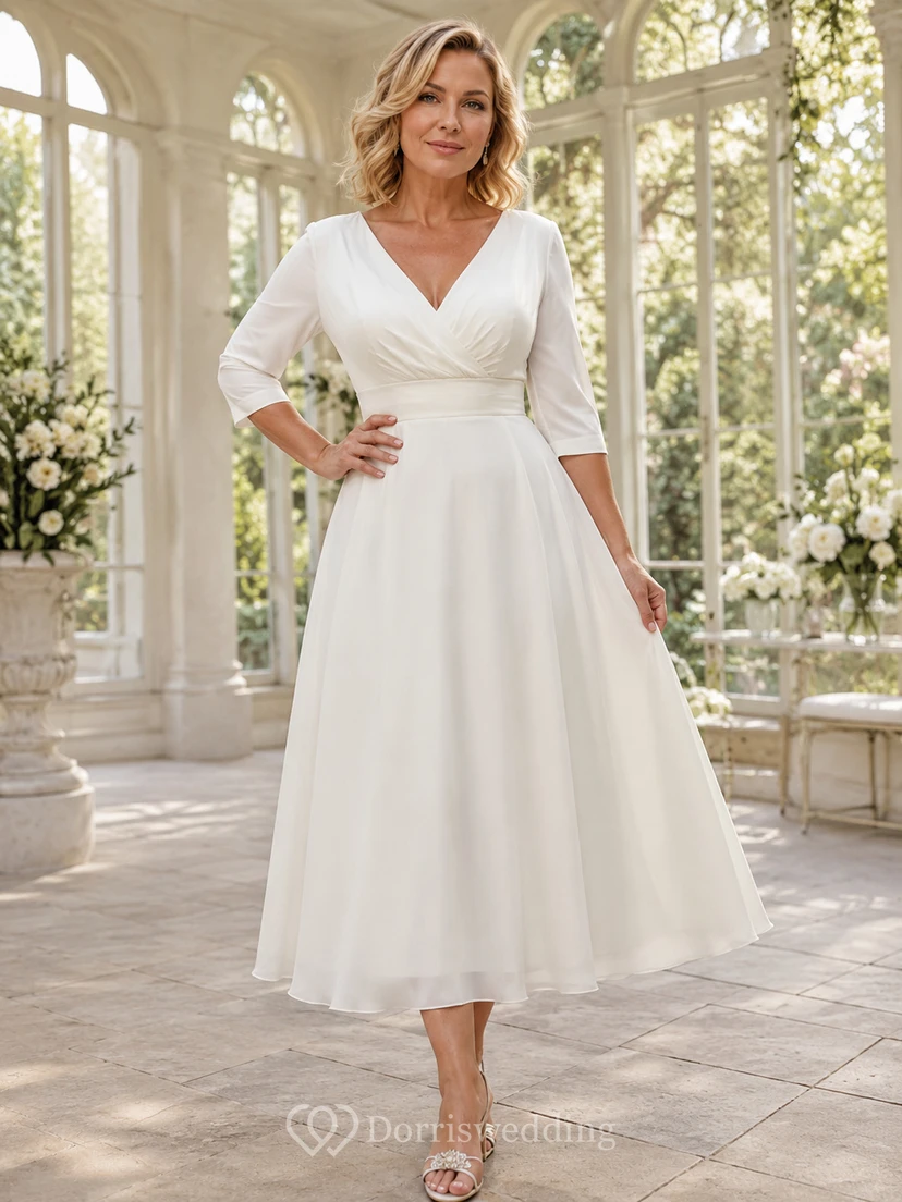 Elegantes, weißes, plissiertes Chiffonkleid mit V-Ausschnitt, Dreiviertelärmeln und Teekleid für Mütter