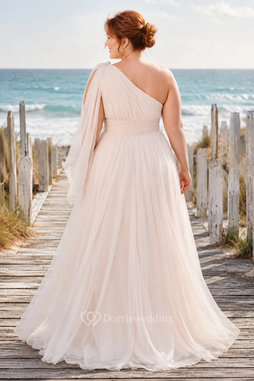 One-Shoulder Chiffon Plus Size Beach Wedding Dress view 2